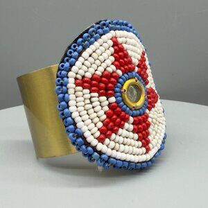 Seed Bead Brass Cuff Bracelet Red White Blue Star Boho Southwest